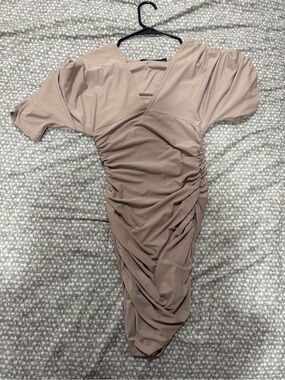 EGO Ruched V-Neck Midi Dress in Taupe